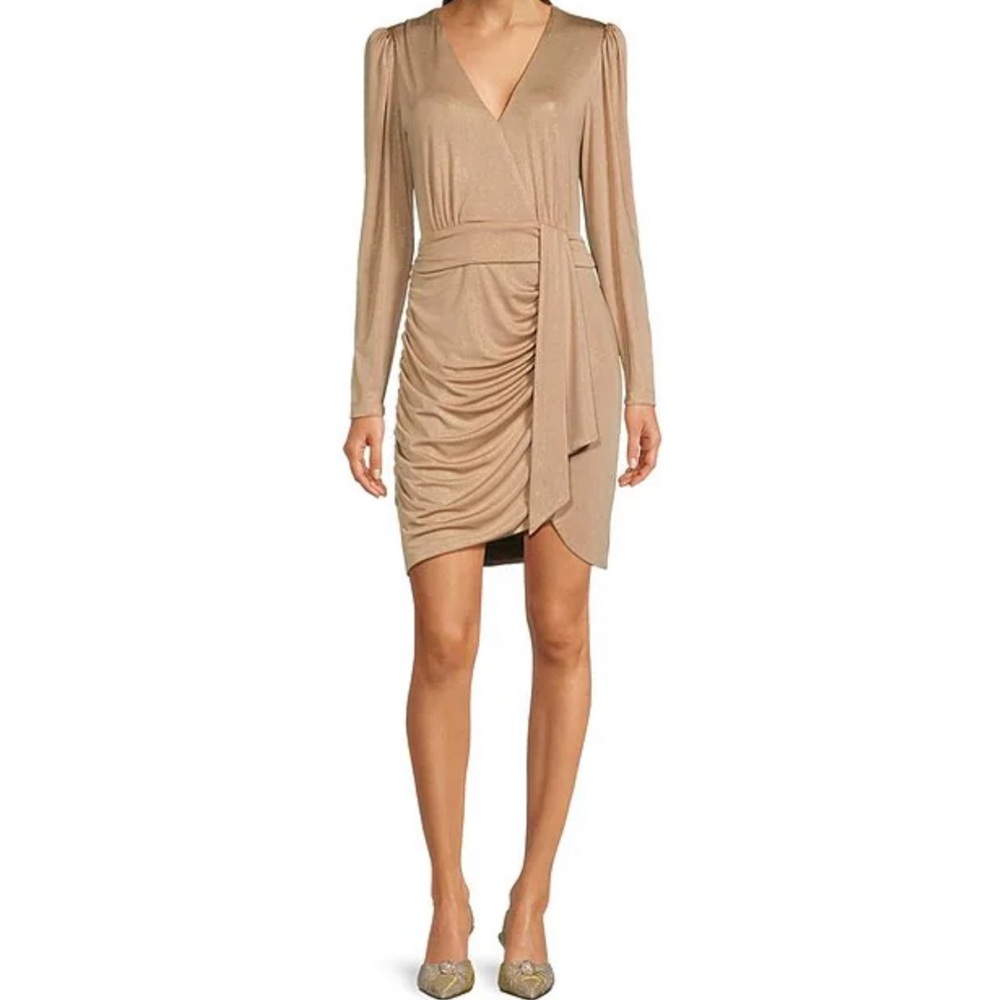 Alex Marie Petite Chrissy Metallic Knit V-Neck Long Sleeve Faux Wrap Dress